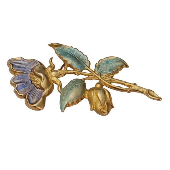 Matte Gold Tone Repousse Periwinkle Pastel Green Enamel Flower Brooch Pin E614 - Picture 3 of 8